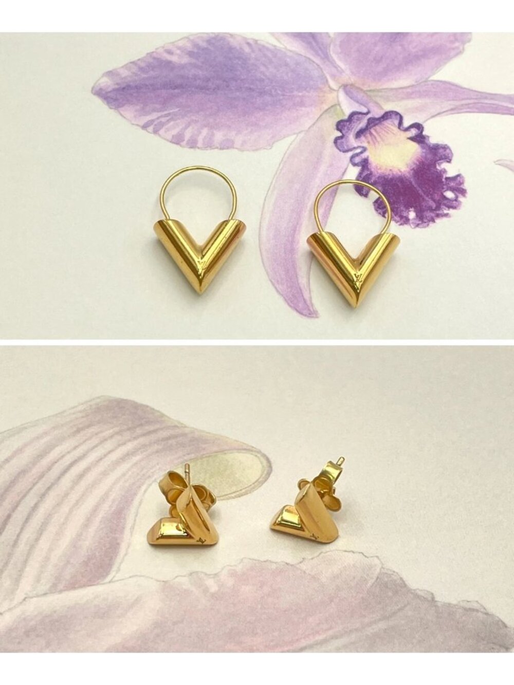 Authentic Louis Vuitton 2 PAIRS Essential V Gold Tone Hoop Earrings LV Logo - Picture 15 of 16